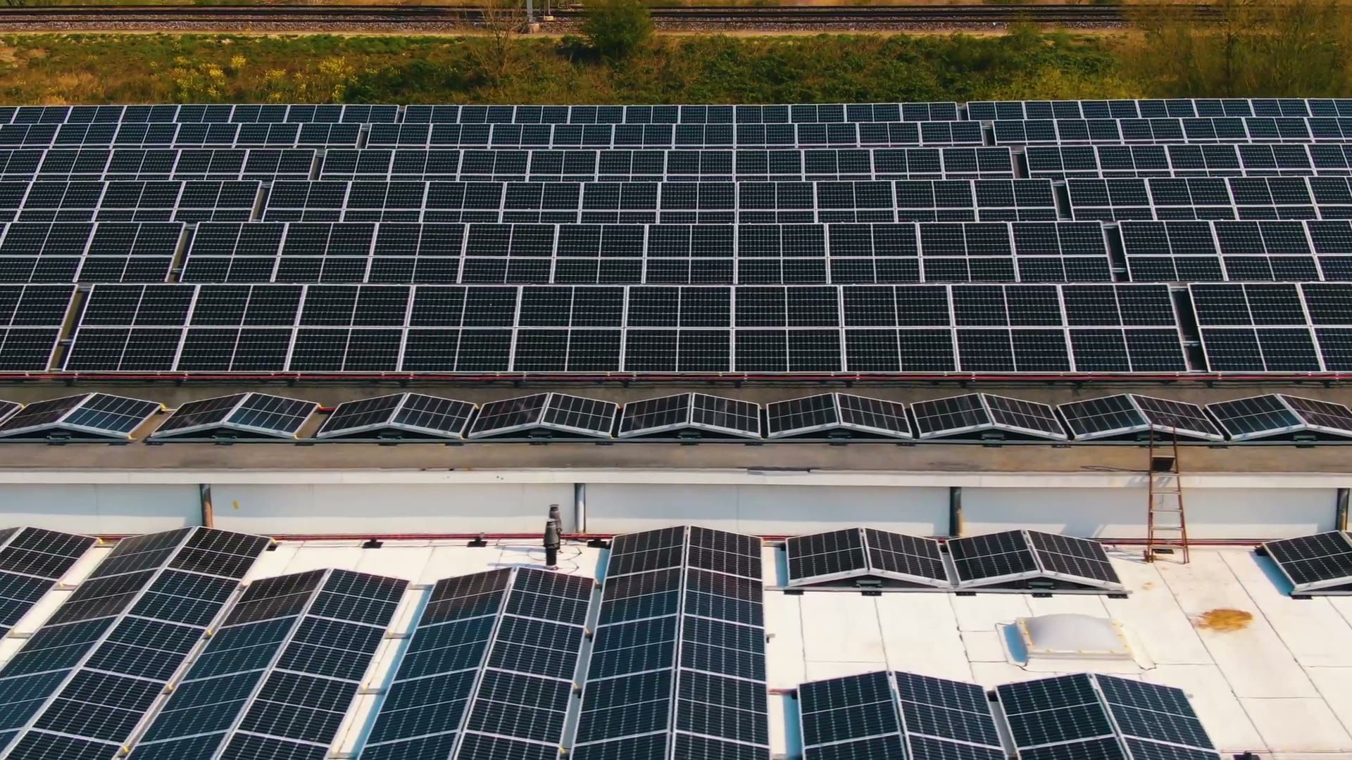Aerial view of the 1,405 solar panels on the Gebrema factory roof in Weesp